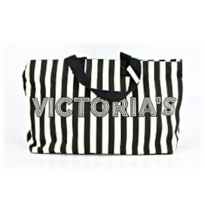 Victoria's Secret Black Cream Stripe Double Handle Extra Large Tote NEW